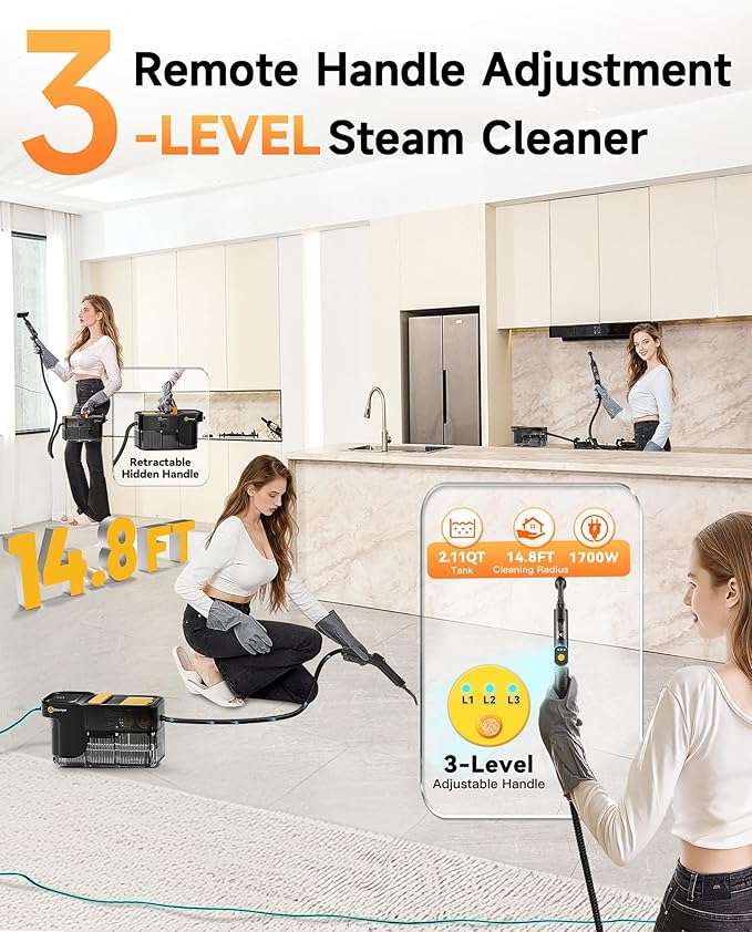 Gautye Steam Cleaner, 3 Level Adjustable Handle with 18 Accessories, Black | 10s Heat Up, 2.11 Quarts Tank, Handle Steam Cleaner for Home, Steamer for Cleaning for Kitchen, Grout, Dirt, Tile, Floor, Car