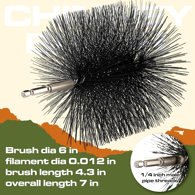 Teenyyou Wire Chimney Cleaning Brush with 1/4 Npt Fitting and 12 Rods, 6 Inch Round Steel Chimney Cleaning Brush and 16 Inch Fiberglass Rods for Hearth Fireplace(All-in-one)