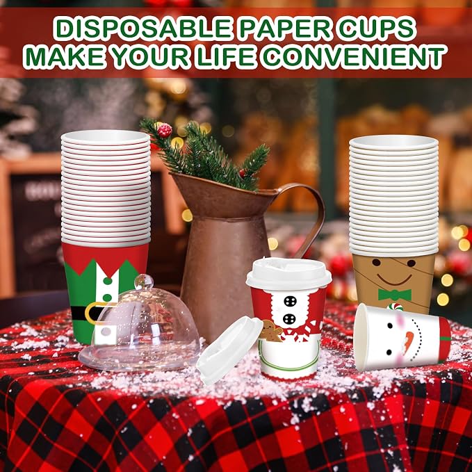 Gerrii 100 Set Christmas Paper Cups Disposable 12 oz with Lids Hot Chocolate Cups Coffee Cups Holiday Hot Cups for Hot and Cold Drinks Tea Water Bar Supplies Winter Season (Cute Style)