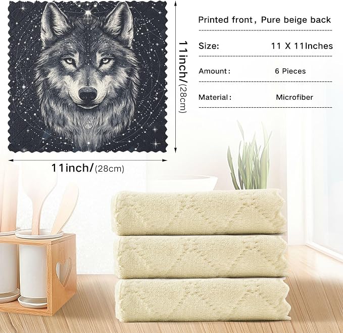 Black Wolf Totem and Constellation Kitchen Towels Dish Cloths Set of 6 Microfiber Cleaning Cloths for Cars Super Absorbent Machine