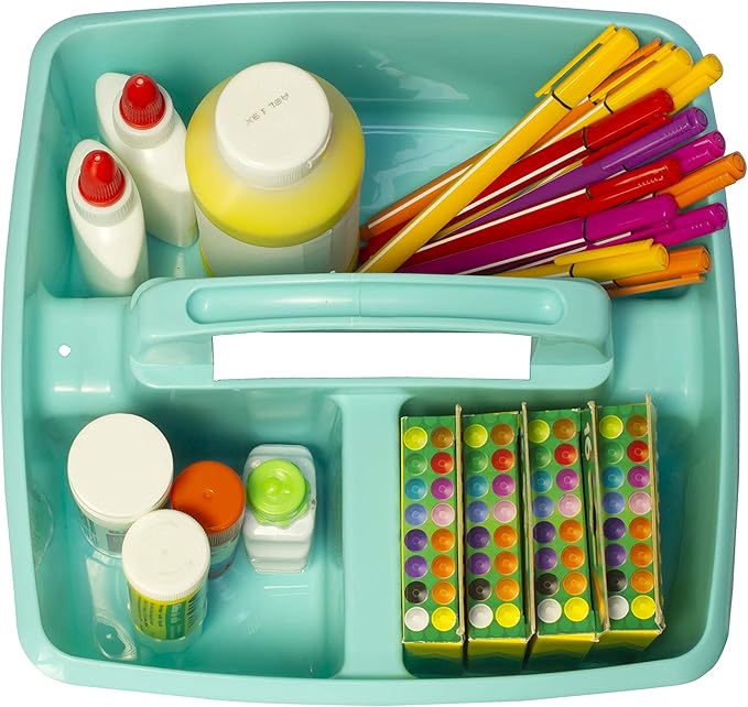 Storex 3-Compartment Small Caddy – Multipurpose Classroom Organizer with Handle, Teal, 6-Pack (00952U06C), 9.25 x 9.25 x 5.25 Inches