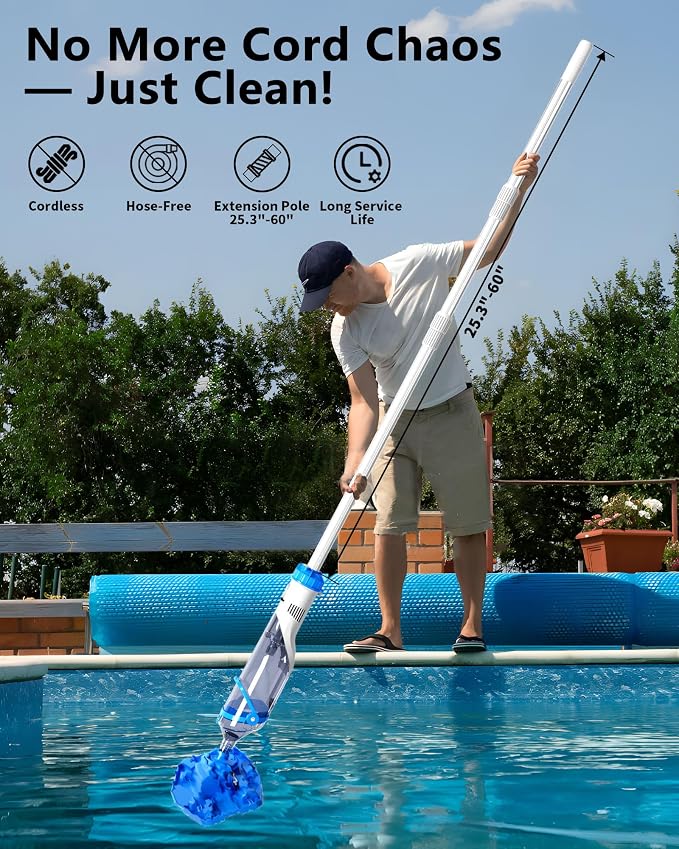 Cordless Handheld Pool Vacuum with Telescopic Pole, Rechargeable Hot Tub SPA Vacuum, Rectangular Brush, Powerful Suction, 60Min Runtime, Pools up to 88", Portable Pool Cleaner w/2 Filter Bags