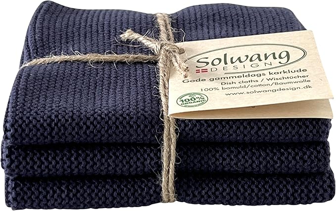 Solwang 3-Piece Danish Cotton Dishcloths in 100% Certified Organic Cotton Made in India (Dark Dusty Blue Organic Trio)
