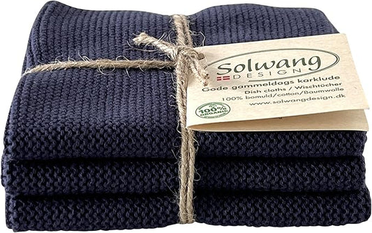Solwang 3-Piece Danish Cotton Dishcloths in 100% Certified Organic Cotton Made in India (Dark Dusty Blue Organic Trio)