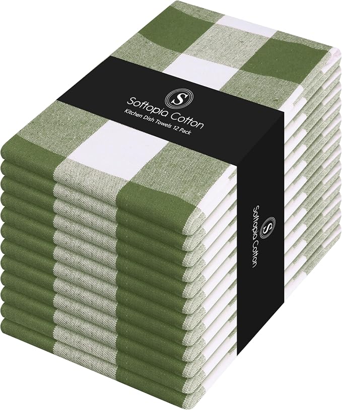 Mint Green and White 12 Pack Buffalo Check Kitchen Towels, 16x26 Inches, 100% Cotton Dish Cloths, Reusable Hand Towels for Drying Glassware, Cleaning Spills, Farmhouse Plaid Towel