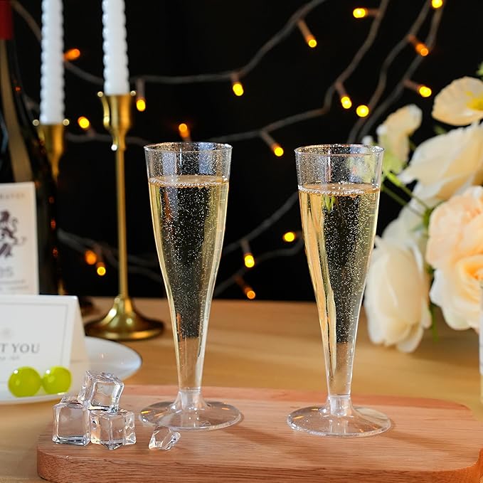 Bestluck 50 Pack Champagne Flutes Plastic, 4.5 oz Silver Glitter Plastic Disposable Stemware, Disposable Champagne Flutes for Party, Mimosa Bar, Wedding, Anniversary and Graduation