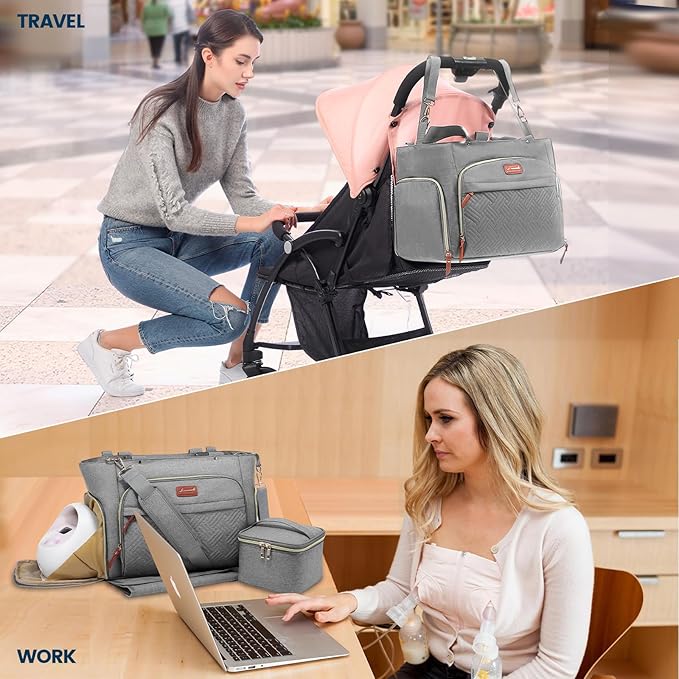 LOVEVOOK Diaper Bag Set, 3-Piece Set with Laptop Pocket, Cooler Bag & Changing Pad, Fits Most Breast Pumps, Grey, 15.7" x 8" x 11", For Mothers, Newborn - 3 Years