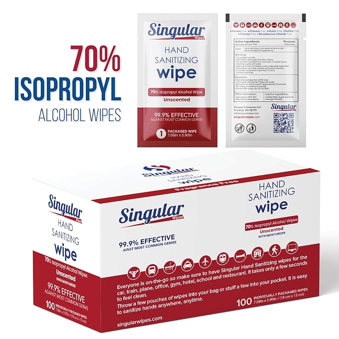 Hand Sanitizing Wipes Travel Size by Singular Wipes –100ct Individually Wrapped | Fragrance-Free, Moisturizing, 70% Isopropyl Alcohol Wipes | Travel, Home, Office, Daily Use