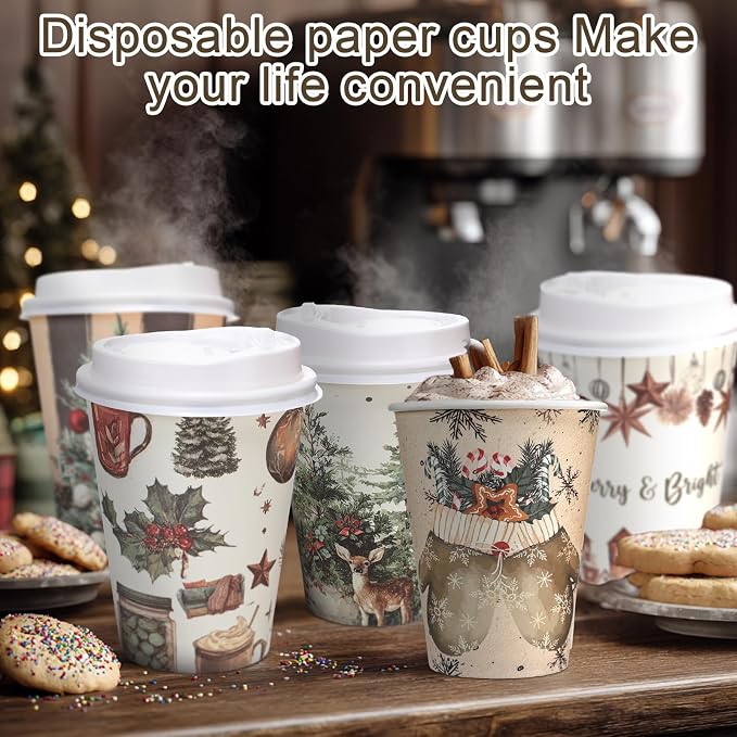 Gerrii 100 Set Christmas Paper Cups Disposable 12 oz with Lids Hot Chocolate Coffee Cups for Hot and Cold Drinks Tea Water Bar Supplies Holiday Winter Season(Cozy Winter)