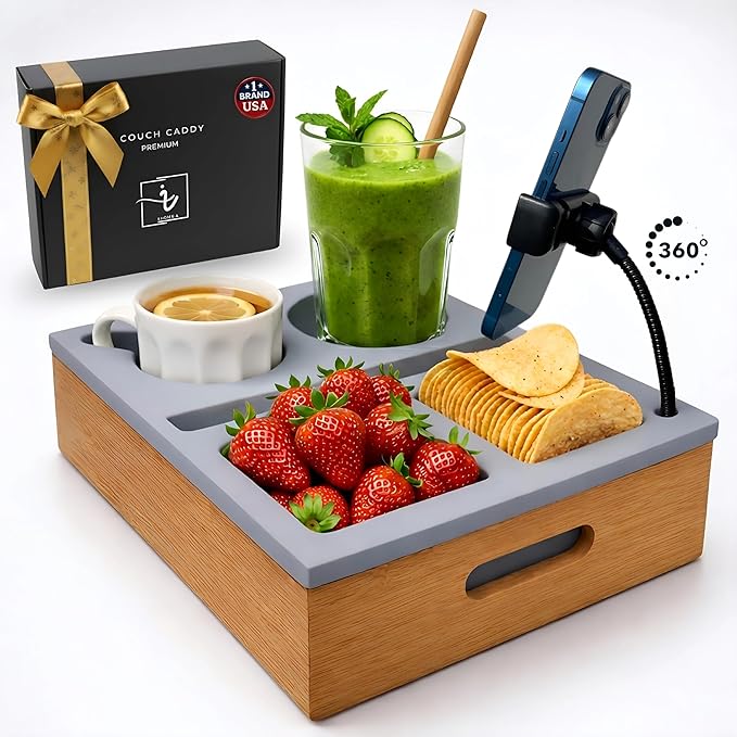 Couch Caddy with Cup Holder | Wood Couch Cup Holder Tray for Drinks, Snacks & Remotes | Couch Tray for Bed, Car Seat & Beach Organizer (Grey)