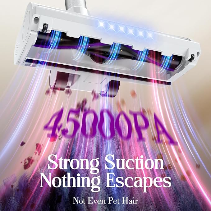 Cordless Vacuum Cleaner, Stick Vacuum with LED Touch Screen, 45KPA Powerful Suction, Up to 60 Mins Runtime, 7-Stage HEPA Filter, V-shaped Anti-Tangle Brush, Vacuum for Carpet, Hard Floor, Pet Hair