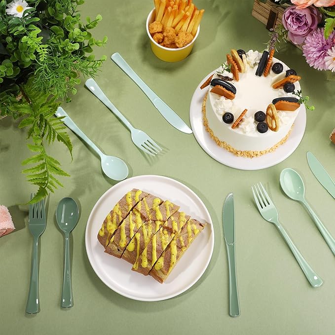 Kochorie 300 Pieces Graduation Sage Green Plastic Silverware Heavy Duty Plastic Cutlery Set Heavyweight Disposable Flatware Includes Spoons Forks Knives for Birthday Party Prom Night Wedding Dinner