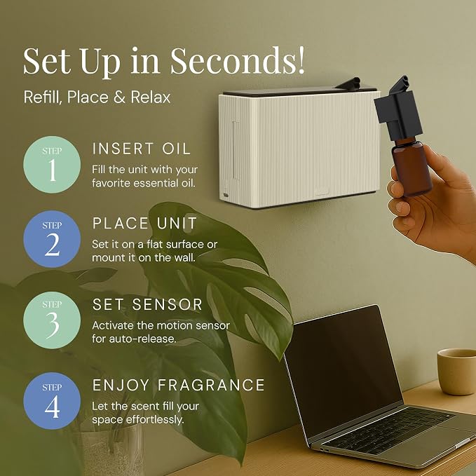 AE101Bat Waterless Scent Diffuser with Green Tea & Lemongrass Oil, Scent Machine Set for Small Spaces, Battery Operated, Motion Sensor, 100 Sq. Ft. Coverage