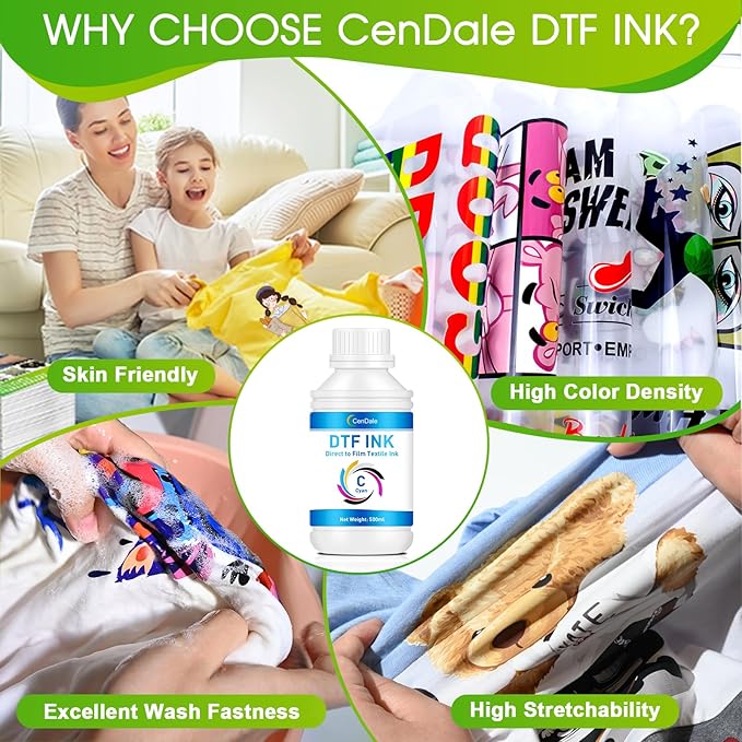 CenDale Premium DTF Cyan Ink - 500ML DTF Transfer Ink for PET Film, Refill DTF Ink Cyan for Epson ET-8550, L1800, L800, R2400, R1390, P400, P800, XP15000, Heat Transfer Printing Direct to Film