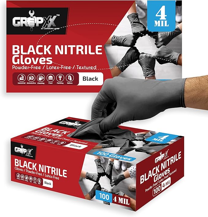 London Labs Black Nitrile Gloves Disposable Latex Free & Powder Free, 4 Mil Rubber Glove, Cleaning, Cooking, Mechanic(XS-XXL)