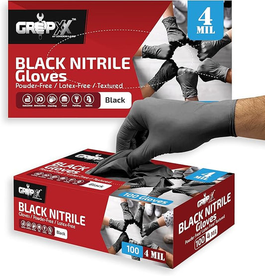 London Labs Black Nitrile Gloves Disposable Latex Free & Powder Free, 4 Mil Rubber Glove, Cleaning, Cooking, Mechanic(XS-XXL)