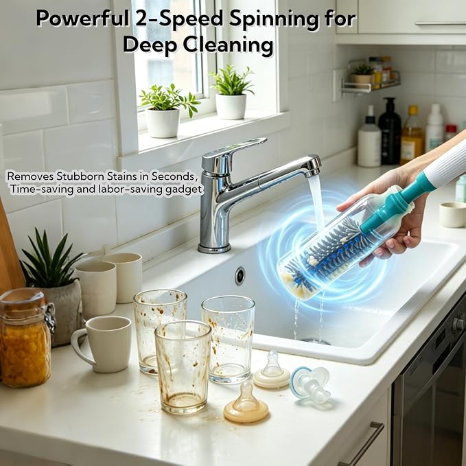Electric Bottle Brush Set, 6-in-1 Electric Cleaning Brush with Waterproof Silicone Cleaner, 3 Replaceable Brush Heads, Straw Brush & Extension Rod, for Baby Feeding Supplies and Kitchen Utensils