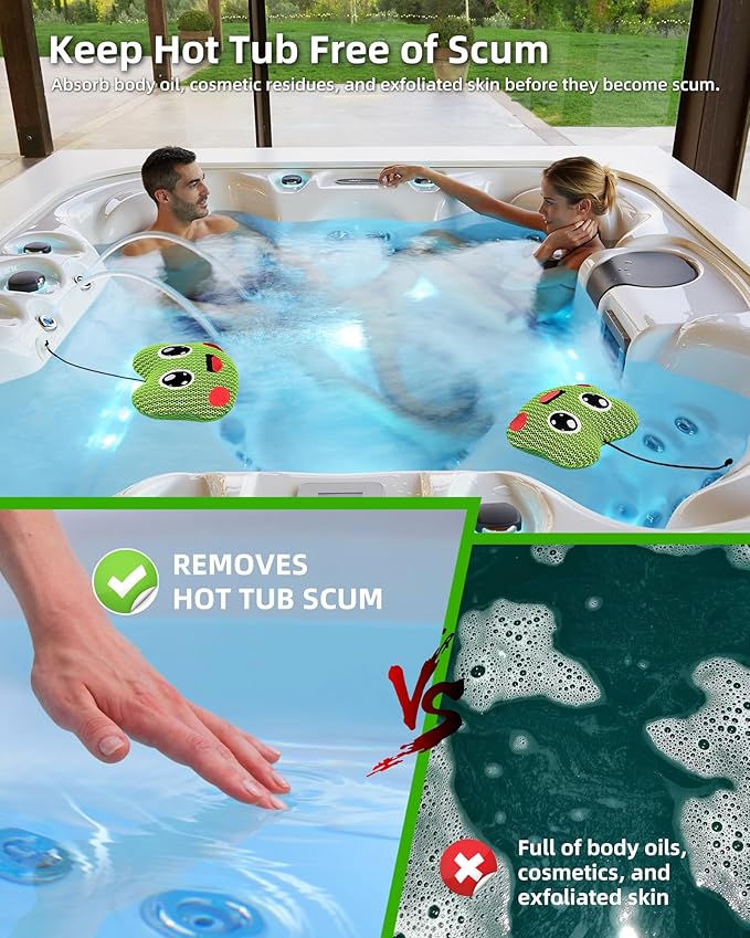 POJ XL Thicken Hot Tub Scum Absorber, Spa Pool Sponge Oil Scum Rays Bugs Absorber for Hot Tub, Must Have Hot Tub Accessories for Adults(Frog-2 PCS)