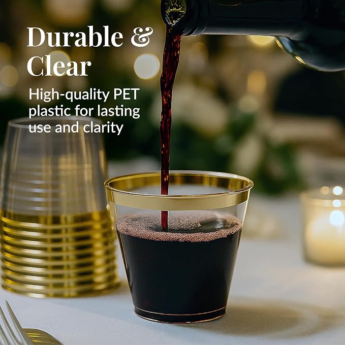Prestee Hard Disposable Cups - Heavy Duty Fancy Plastic Cups - Plastic Cocktail Drinkware - Disposable Drinking Cup 9 oz - Bulk Drinking Glasses for Wedding - 200ct Gold Tumblers (Pack of 2)