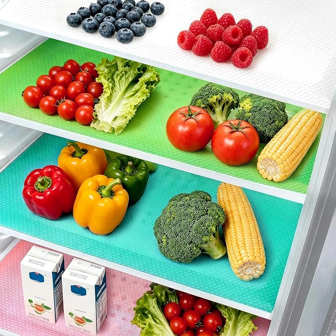 16 Pack Refrigerator Liners - 4 Semi-Translucent Colors Fridge Shelf Mats Non Slip Washable Drawer Cabinet Liners, Waterproof Fridge Shelf Liner, Kitchen Shelf Mats, Easy to Trim & Clean