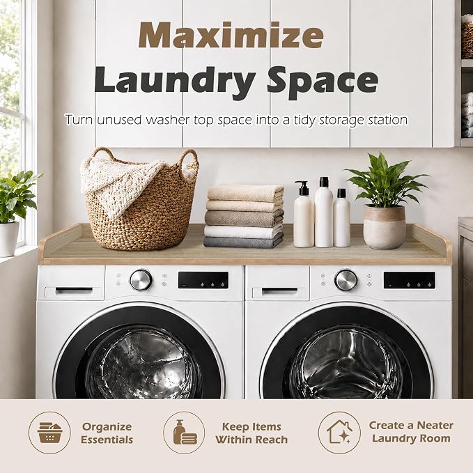 Royxen Washer Dryer Countertop with Solid Wood Core,54“W x 27.5D Laundry Countertop with Edge Rails,Washer and Dryer Topper for Laundry Room Organization(White Oak)