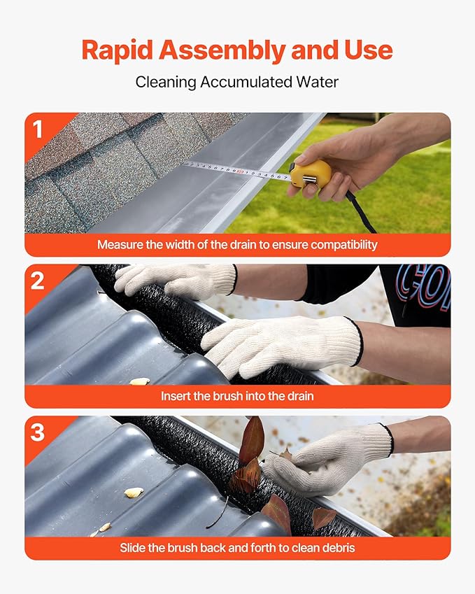 VEVOR Gutter Brush, 4.33 inch Diameter 30 Feet Total Length Gutter Cleaning Tools, Ground-Level Brush Leaf Guard for 5 Inch Gutters, Easily Clear Roof Leaves and Debris, 10 Pack