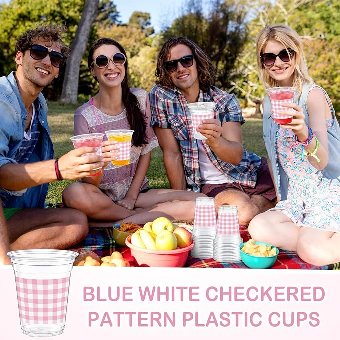 Qinyoung Checkered Plastic Cups 12oz Gingham Party Disposable Cups Bulk Drinking Cup for Cold Drinks Baby Shower Wedding Summer Birthday Party Supplies(Pink and White,50 Pcs)