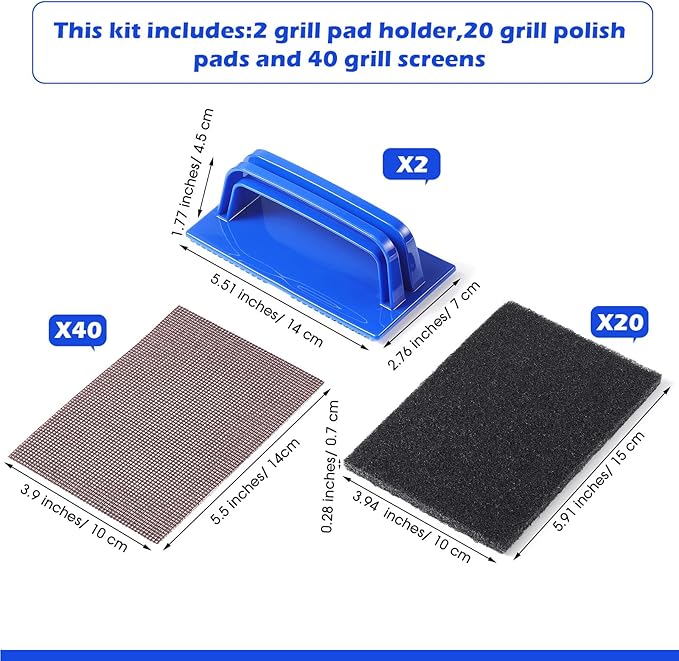 Reallnaive 62 Pcs Griddle Cleaning Kit Screen Holder Grill Screens Cleaning Pads Heavy Duty Abrasive Mesh Pads for Flat Tops, Cast Iron, Stainless Steel Griddle Cleaner Accessories Bundle (Blue)