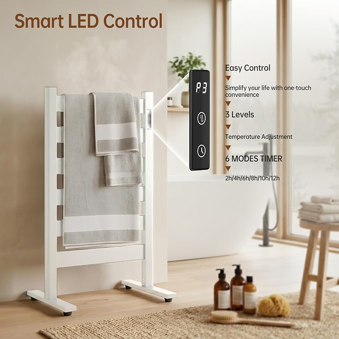 Heated Towel Rack – Rapid PTC Heating, LED Timer Control, High Temp & Large Capacity – 6 Bars Premium Freestanding Bathroom Towel Warmer,Matte White