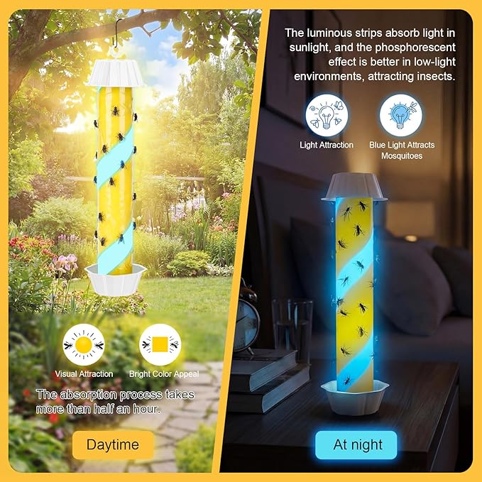 12 Pack Glow in the Dark Fly Sticks Outdoor & Indoor Sticky Fly Traps with Blue Fluorescent Night Attraction Light-Absorbing UV for Mosquitoes Flies Waterproof Hanging Catcher (White)