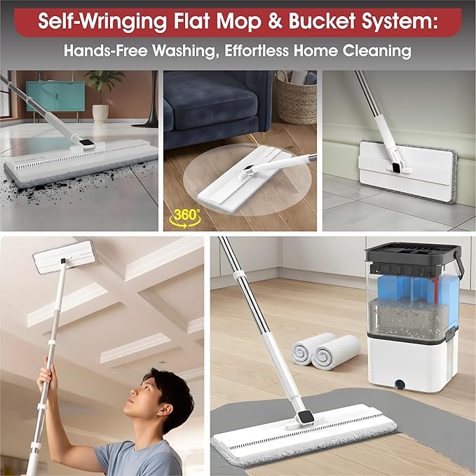 Self Cleaning No Dirt Flat Extendable Mop & Transparent Bucket System,Dual Chamber Design for Clean/Dirty Water Separation,Includes Microfiber Pads,Wet & Dry Floor Mop 360 (4 Refills)