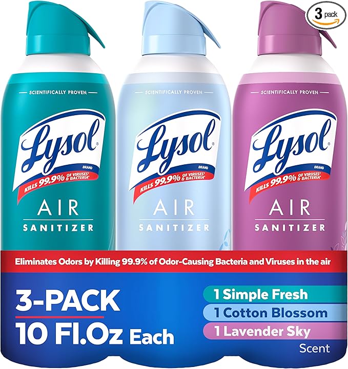 Lysol Air Sanitizer with Bacterial Odor Eliminator for Home & Office, Air Freshener Alternative, Simple Fresh + Cotton Blossom + Lavender Sky, 10 oz (Pack of 3)