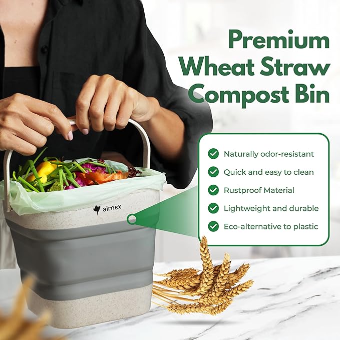 AIRNEX Collapsible Food Waste Bin with Lid - 1 Gallon Food Waste Caddy for Kitchen Made of Wheat Straw - Odor Free Compost Bin with 20 Pcs Compostable Trash Bags and 14 Pcs Carbon Filters
