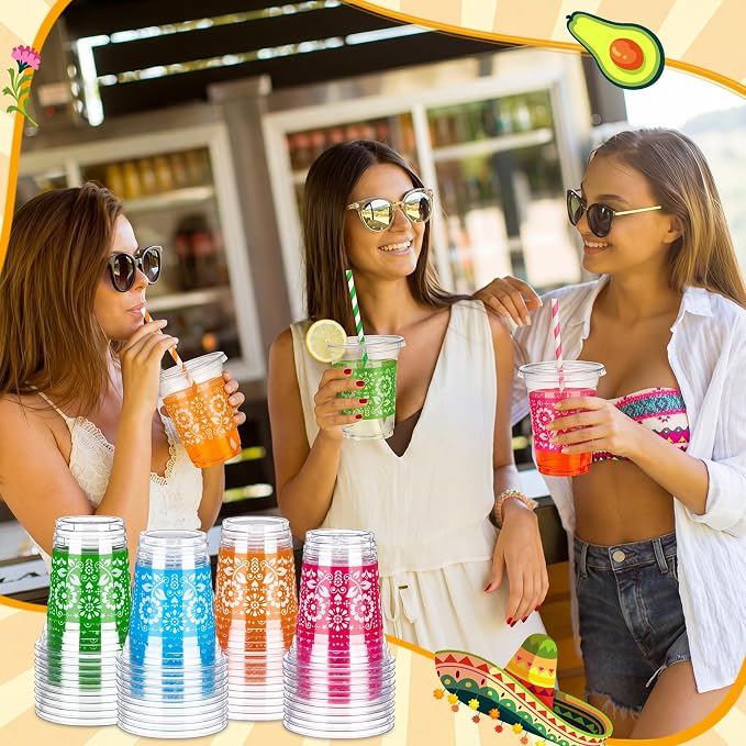 Domensi 100 Sets Fiesta Plastic Cups with Lids and Paper Straws 12oz Mexican Cinco De Mayo Disposable Drinking Cups Bulk for Cold Drinks Baby Shower Wedding Papel Picado Theme Birthday Party Supplies