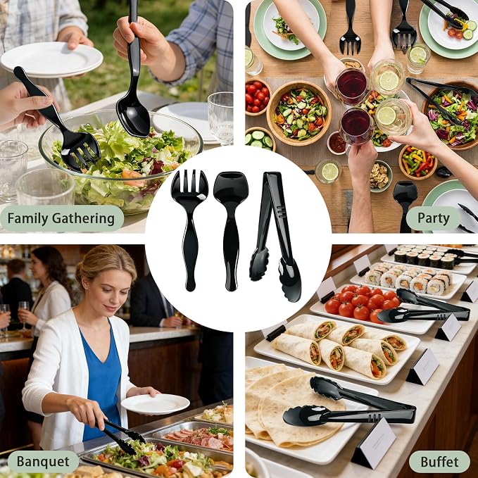 40 Pcs Black Plastic Serving Utensils Set - Large Serving Tongs, Serving Forks, Serving Spoons - Heavy Duty Disposable Serving Utensils for Parties, Buffet, Catering Supplies (Black, 40 Pcs)