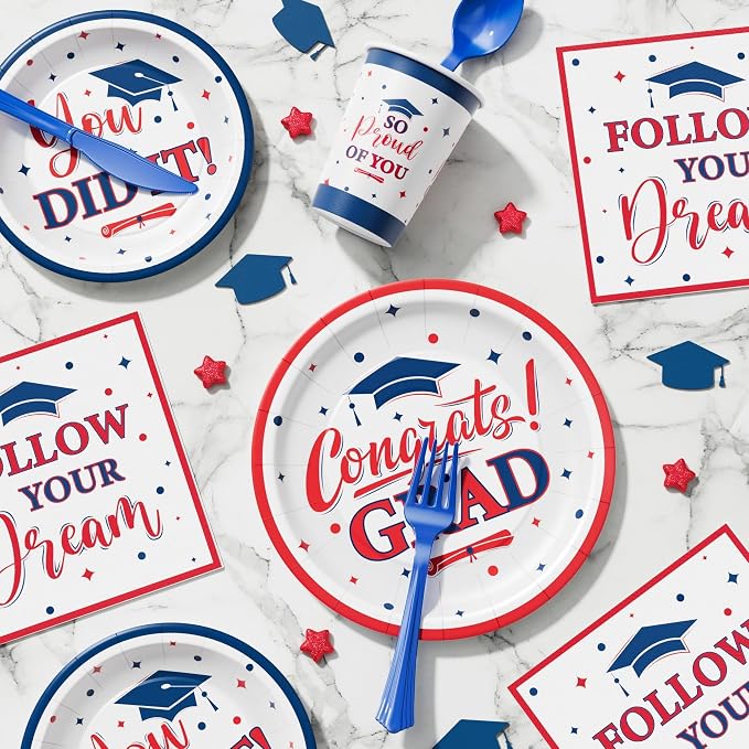 Graduation Decorations Class of 2026, 175 PCS Graduation Party Supplies College High School Grad Decor Disposable Dinnerware (Serve 25) Paper Plates Cup Napkin Fork Knife Spoon ( Red & Blue )