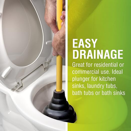 LDR 512 3410A Heavy Duty Drain Handle Double Thrust Rubber Force Cup Removes Clogs for Bathrooms, Kitchens, Baths, Showers, Powerful Commercial and Residential, 26.40"X5.35", Wood Flange Plunger