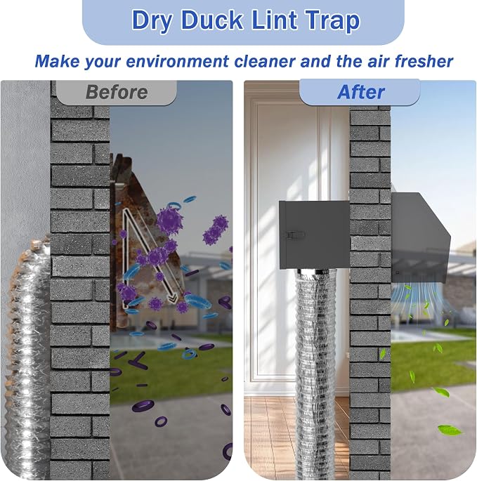 Dryer Lint Trap, Indoor Dryer Vent Box with Lint Catcher, Metal Dryer Duct Lint Trap with 90° Degree Dryer Vent Elbow, Easy Clean Filter, Transparent Door & Clamps Aluminum Foil Tape Cleaning Brush