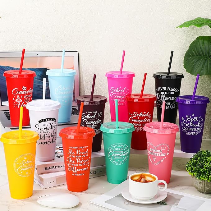 Meanplan 24 Pcs School Counselor Gifts Bulk 24 oz Plastic Tumbler with Lids and Straws Thank You Cups Travel Mugs Inspirational School Teacher Appreciation Week Gifts for Women Men