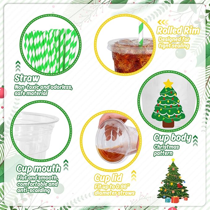 Whaline 50Pcs 12Oz Christmas Disposable Plastic Cups with Lids and Straws Colorful Light Bulb Xmas Tree Cold Beverage Drinking Cups for Holiday Birthday Party Supplies