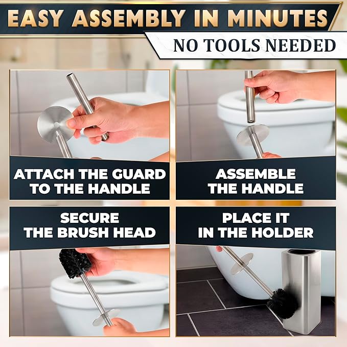 Silver Toilet Brush and Holder Set - Upgrade Your Bathroom in Seconds - Stainless Steel Toilet Bowl Brush and Holder with 2 Rounded Corners, Replaceable Head, Removable Inner Bowl & Splash Guard Cover