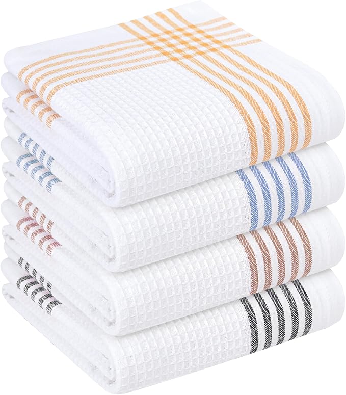 Waffle White & Multi Colors Kitchen Towels Set of 4, 100% Cotton, 16x26 inches, Quick Dry Dishcloths, Ideal Dish Towel for Drying, Wiping - Mustard Yellow, Sky Blue, Brown, Black