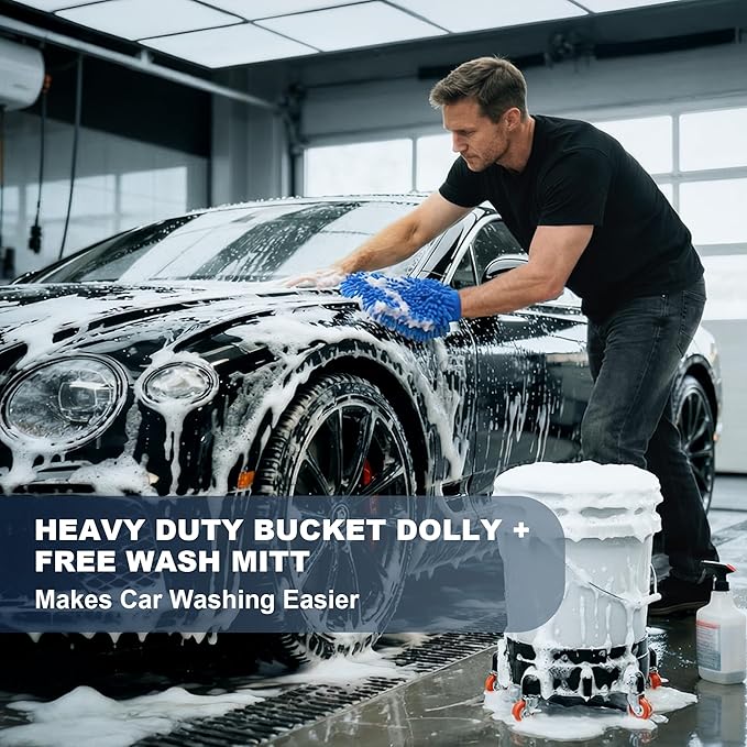 Heavy Duty 5 Gallon Bucket Dolly with 5 Swivel Casters, Anti-Tipping Rolling Water Bucket Stand for Car Detailing & Washing, 310 lbs Capacity, Includes Premium Microfiber Wash Mitt, Black