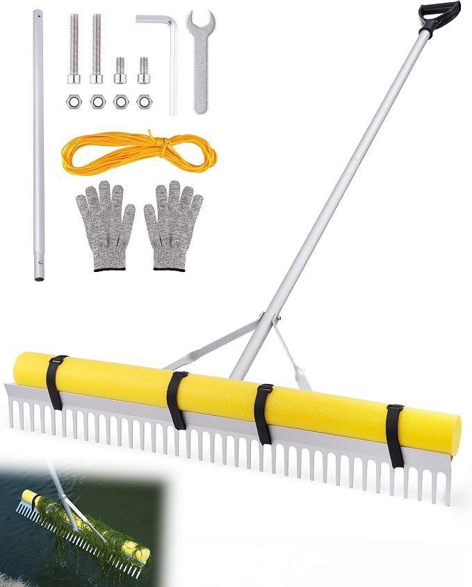 Pond Rake, 36" Floating Rake with 8.5ft (102in) Extension Handle & 20ft Rope, Aluminum Aquatic Weed Rake for Lake, Heavy Duty Landscape Rake for Algae, Muck & Debris Removal, 2-in-1 Water & Land Tool