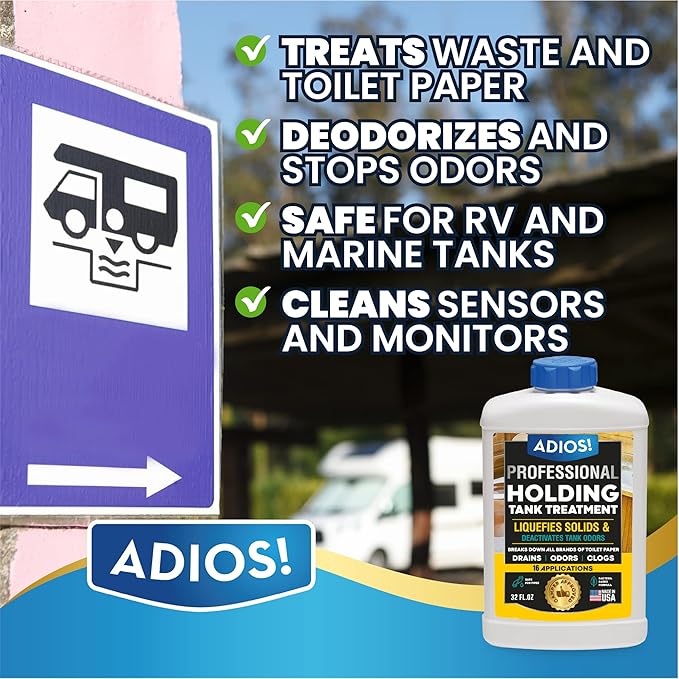 ADIOS! RV Holding Tank Treatment and Deodorizer - Digests Waste, Tissue, Paper for Gray and Black Tanks - Quart (32oz)