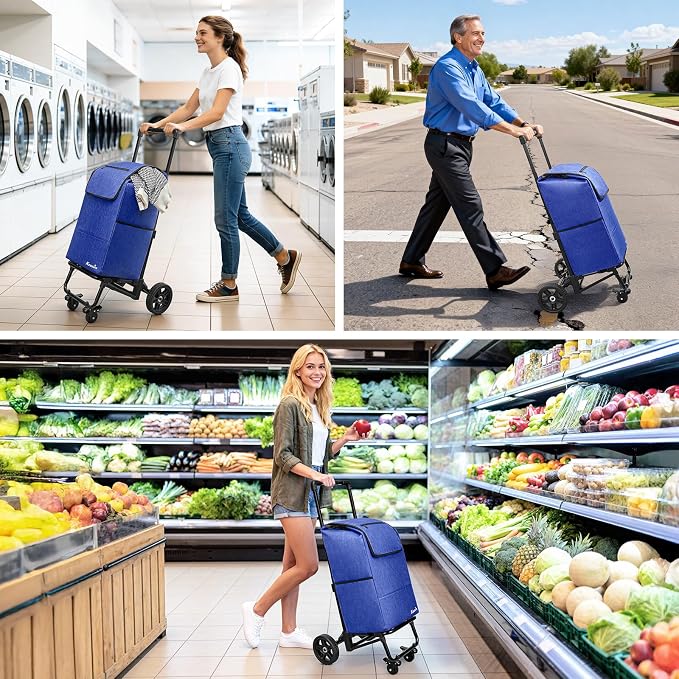 KEDSUM 3 in 1 Shopping Cart with Wheels, 60L/250LBS Multi Use Grocery Cart with 7" Big Wheels & Removable Waterproof Bag, Personal Shopping Carts for Groceries, Telescoping Handle & Thickened Steel