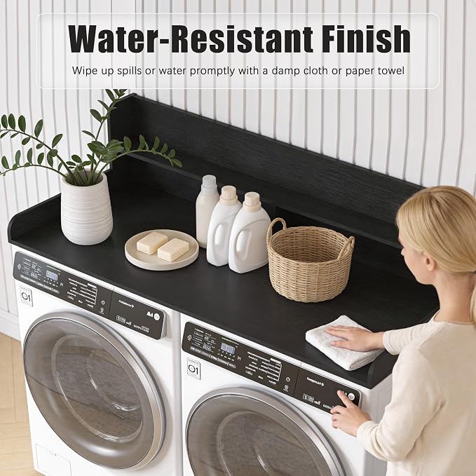 Piskyet Washer Dryer Countertop,2- Tier Laundry Countertop with Edge Rails,27.5" Depth x 54" Wood Countertop,Laundry Machine Topper for Laundry Room Organization and Storage(Black)