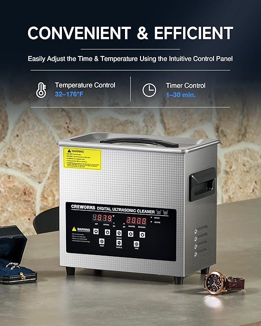 CREWORKS 3L Digital Ultrasonic Cleaner with Degas & Gentle Modes, and 17 fl oz Jewelry Cleaner Solution