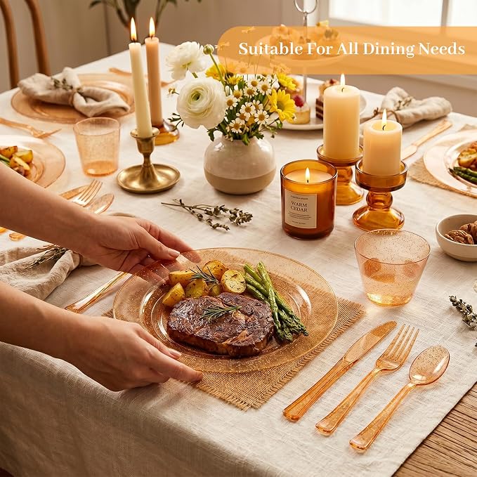 DaYammi 350PCS Orange Glitter Plastic Dinnerware Set for 50 Guests, Fancy Disposable Plates for Party, Include: 50 Dinner Plates, 50 Dessert Plates, 50 Pre Rolled Napkins with Silverware, 50 Cups