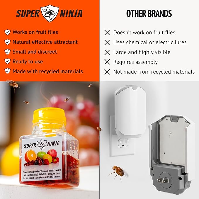 Super Ninja Fruit Fly Traps for Indoors - 2 Pack, Highly Effective Fruit Fly Catcher for Indoor Use for Home & Kitchen, Up to 3 Weeks of Performance per Bottle, Kid & Pet Friendly